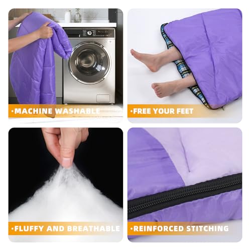 Cotton Flannel Lined Sleeping Bag for Adults Teens Kids, Cold Weather & Warm, 3 Seasons, Lightweight Compact Camping Essentials Equipment, Hiking, Outdoor, Travel - color: Deep Purple & Light Purple