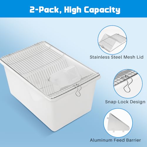 2-Pack Lab Mouse Rat Rodent Cage, PP High Temperature High Pressure with 250 ML Silicone Water Bottle Aluminum Food Retaining Plate for 5-6 Mice or 1-2 Rats (12.59"x8.46"x6.69")