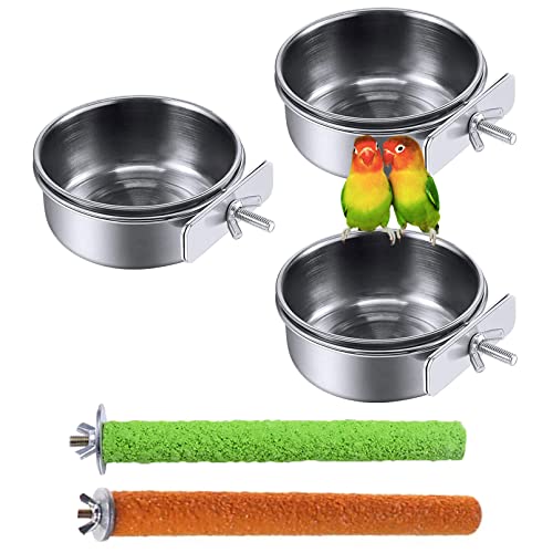PINVNBY Bird Feeding Dish Cups,5.5x2.0 Inches Parrot Stainless Steel Food Water Dish Perch Stand Platform Paw Grinding Toy Feeder Cage Bowl with Clamp Holder for Budgies Parakeet Macaw(5 Pack L) - size: 【L:5.5x2.0 Inches】
