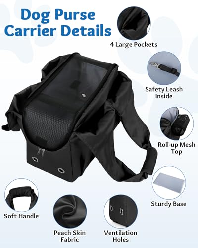 Dog Purse Carrier for Small Dogs, Cats, and Puppies (Black) | Soft-Sided Dog Bag Carrier with 4 Large Pockets, Lightweight, Collapsible, Fits Pets up to 15 lbs, for Travel, Outings - color: Black