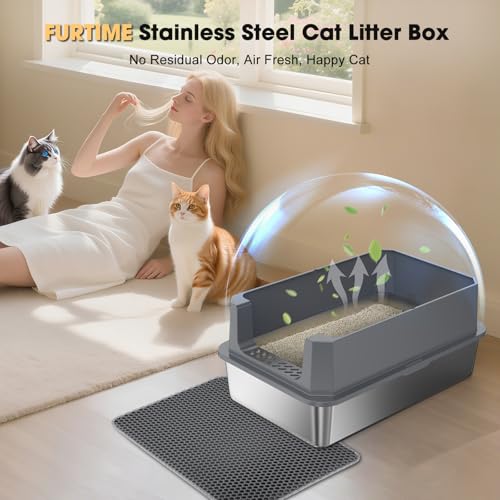 FURTIME Stainless Steel Cat Litter Box, Extra Large Cats Metal Litter Box | High-Sided Open-Top Easy-Clean Litter Pan, Non-Stick, Anti-Leakage, Odor-Free, Comes with Scoop & Mat, 23"×15"×10.5" - color: Grey, size: Large