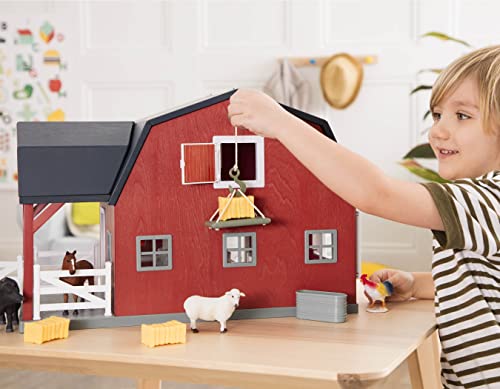 Terra by Battat – 20 Pieces Wooden Animal Barn Toy Set – Farm Animals & Play Fence – Pretend Play for Toddlers & 3+ Years – Educational Toys – Farmhouse Playset | Wooden farm toy set with 1 barn, 10 fences, ladder, 4 hay bales, 2 troughs, pulley tray and