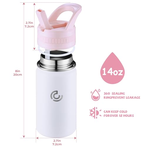 14 Oz Kids Water Bottle, Stainless Steel Water Bottle with Straws, Leak-Proof, BPA-Free, Insulated Water Bottles for School Boys & Girls|White - color: White
