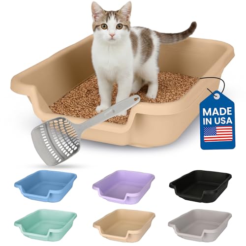 KittyGohere Senior Cat Litter Box Small with Scoop, Beach Sand | Open Top Low Entrance Kitty Litter Box With With Long-handle Jumbo Scoop, Lightweight & Durable Litters Box, Made in USA - color: Beach Sand, size: Small with Scoop