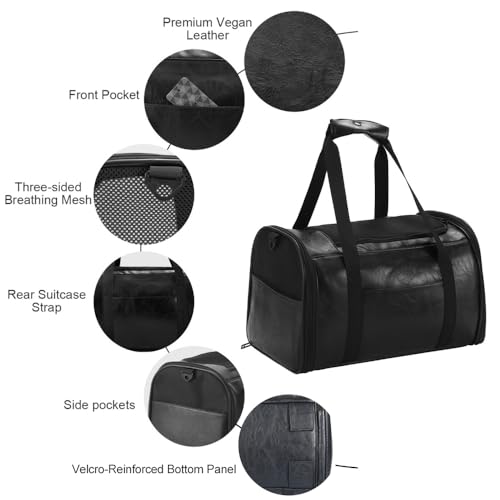 Fashion Dog Carrier Pet Carrier Airline Approved Cat Carrier for Small Dogs Cats Under 15 Lbs, Vegan Leather Collapsible Soft Sided Travel Puppy Carrier - color: Classic Jet Black
