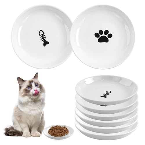6 Pack Cat Food Bowl, Ceramic Cat Bowls, Anti Whisker Fatigue Cats Bowl Set | 5.5 Inches Shallow Wide Kitten Plates for Food and Water (White-A) - color: White-A