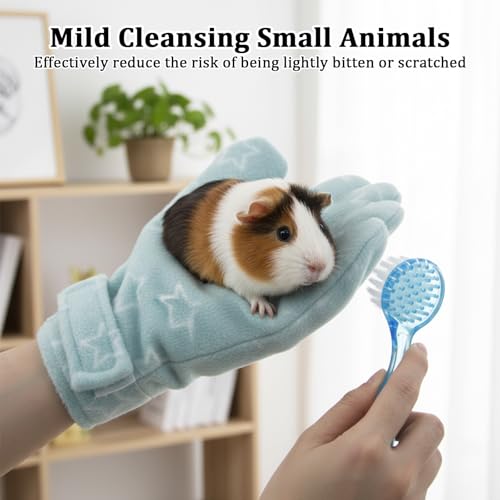 1Pcs Hamster Bite Proof Glove and Grooming Brush Set, Adjustable Hamster Glove, Lid Soft Cleansing Brush Massage Combs, Guinea Pig Brush, Hamster Care Set for Hamsters, Ferrets, Hedgehog (Green Stars) - color: Green Stars