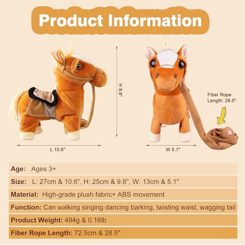 Marsjoy Walking Pony Toy Musical Singing Dancing Plush Interactive Pony Walk Along Horse with Leash Plush Stuffed Animal Shaking Head Buttocks Toy for Boy & Girl Kid Ages 3+ H: 11.81" - color: Brown Pony