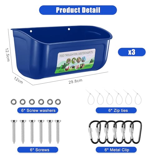 Chicken Feeder Waterer, 3 Pack Duck Feeder Supplies, Hanging Fence Feed Trough with Clips for Goat, Sheeple, Piglet, Gooses, Turkeys, Dog Livestock Poultry, Blue - color: 3 pack Blue