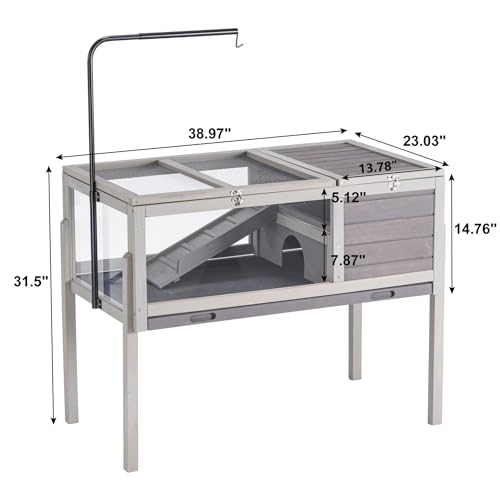 BIRASIL Wood Tortoise Enclosure with Adjustable Light Stand,2-Tier Habitat Reptile Cage with Feeding Area Swimming Area, Turtle House for Small Animals Lizards Hamster (Gray) - color: Gray