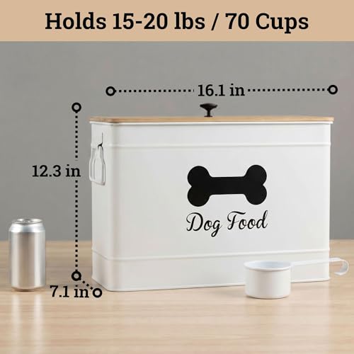 Metal Dog Food Container 15-20 lbs w/ Airtight Bamboo Lid, 70 Cup Capacity | Pet Jar For Dogs up to 100lbs, Airtight Bamboo Lid, Sturdy Comfortable Metal Handle, Powder Coated Iron, Kibble Storage Bin - color: White