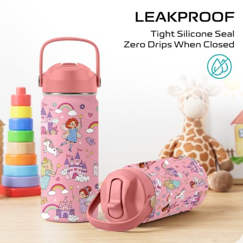 Castle 16 oz Water Bottle with Straw – Kid Stainless Steel Vacuum Insulated Cup, Leakproof Straw Lid, Reusable Travel Mug for Girls Outdoor Sports - color: Castle1