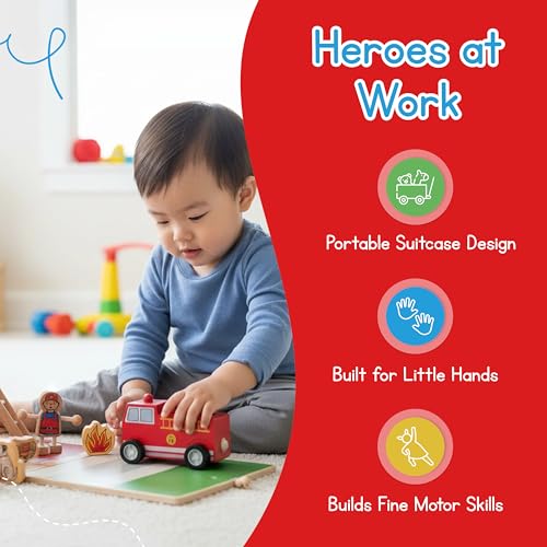 Jack Rabbit Creations Fire House Suitcase Playset - 15 Pieces - Ages 3+ | FSC Certified Wood, 8 in x 4.5 in x 5.5 in, 36 Months+, Red, Truck, Dog, Hydrant, Extinguisher, Ladder