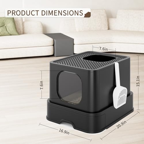 RIZZARI Stainless Steel Cat Litter: Covered, Top-Front Entry, Easy Clean | High Splash Sides / Leak-Proof Seal / Non-Stick Coating / Odor Control / Sifting Drawer / Garage-Bathroom Fit - color: Deep Black