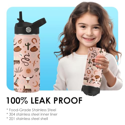 Western Cowboy Gifts - 16oz Kids Water Bottle with Straw Lid, Stainless Steel Insulated Tumbler, Leak Proof, BPA-Free, for Boys, School, Travel - Wild West Rodeo Cowgirl Kids Birthday Gifts Cups(1pc) - color: Cowboy1, size: 16 Ounces