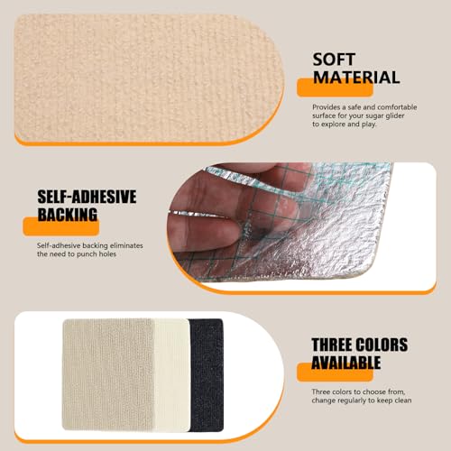 3 Pcs Sugar Glider Toys, Self-Adhesive Sugar Glider Cage Accessories | Small Animal Climbing Felt Mats, for Sharpening Claws, Pet Rat Enrichment Toys for Wall Furniture, Gray, White, Khaki