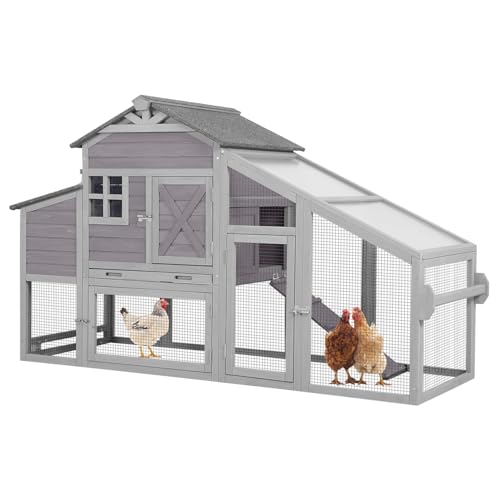 Aivituvin Chicken Coop Mobile Chicken House on Wheels Expandable Wooden Poultry Cage with Large Nesting Box Leakproof Pull-Out Tray Rabbit Hutch Bunny Cage,UV-Resistant Roof (Grey，AIR32) - size: Grey 73.38"L x 27.9"W x 43.2"H