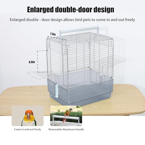 Stainless Steel Travel Bird Cage, 304 Portable Foldable Carrier for Parrots, Conures, Cockatiels, Parakeets – 17 Inch Large Birdcage with Aluminum Handle & Perch(Blue, Large Birdcage) - color: blue