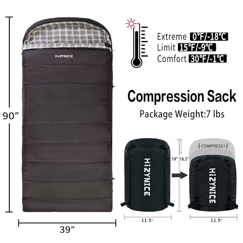 HiZYNICE Sleeping Bags for Adults XXL Cold Weather | 100% Cotton Flannel Winter Camping Large 90 x 39 in,Compression Sack Included - color: Olive Brown, size: 0F Left Zip