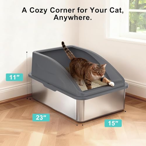 2 Pack Stainless Steel Litter Box | XL Enclosed Cat Litter Boxes with Lid for Big Cats and Multi-Cats | High Sided, Anti-Urine Leakage | Non-Stick Bottom（Dark Gray） - color: Dark Gray, size: X-Large