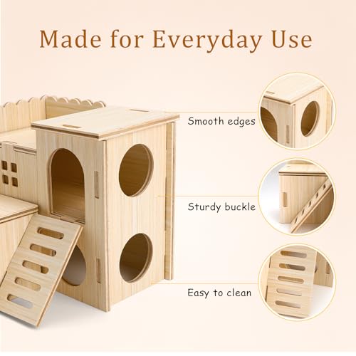 Hamster Wooden Maze House with Slide, Double-Decker Hut and Small Swing, Hideout Play Toys for Dwarf Hamsters, Gerbils, Mice and Other Small Animals (Only for Small Hamsters)
