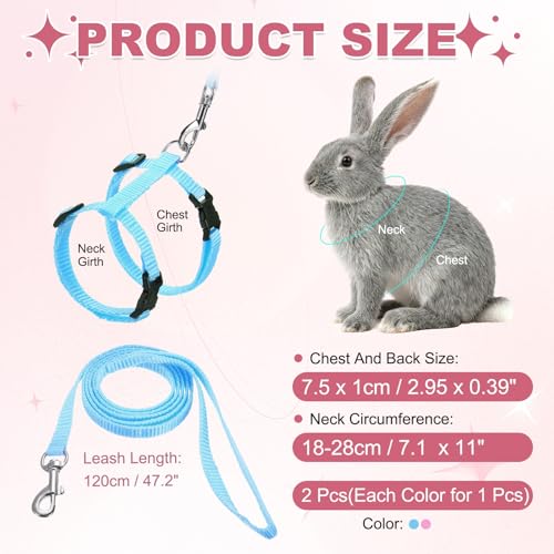 Rabbit Harness and Leash, Escape Proof Bunny Cat Leash Small Animal Harness Soft Adjustable Buckle(2Pcs, Pink/Sky Blue) for Bunny Kitten Cats Puppies Walking Hiking Training - color: Pink/Sky Blue