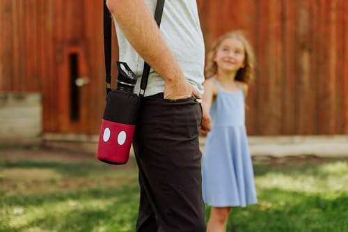 Picnic TIME Disney Mickey Mouse Bottle Cooler Tote with Included 24 oz Bottle, Insulated Water Bottle Carrier with Adjustable Shoulder Strap for Travel Picnic Theme Parks, (Black with Red Pattern)