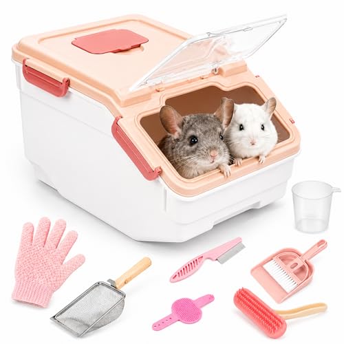 Chinchilla Dust Bath Container Kit, Extra Large Plastic Bath House | Chinchilla Dust Bath House, Sand Bath Use, Clear Lid for Viewing, XL Tub Helps Reduce Spills, Easy-Clean Plastic, Small Pets - color: Pink