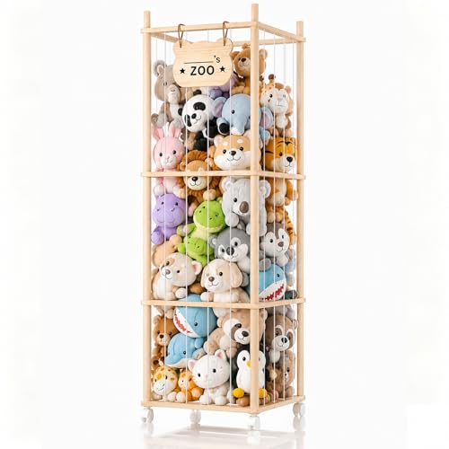 Stuffed Animal Storage, Stuffed Animals Organizer Holder Zoo, 53.54" Large Wooden Plushies Storage with Wheels, Stuffed Animal Cage for Playrooms, Bedrooms, Living Room