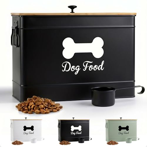 Metal Dog Food Container 15-20 lbs w/ Airtight Bamboo Lid, 70 Cup Capacity | Pet Jar For Dogs up to 100lbs, Airtight Bamboo Lid, Sturdy Comfortable Metal Handle, Powder Coated Iron, Kibble Storage Bin - color: Black