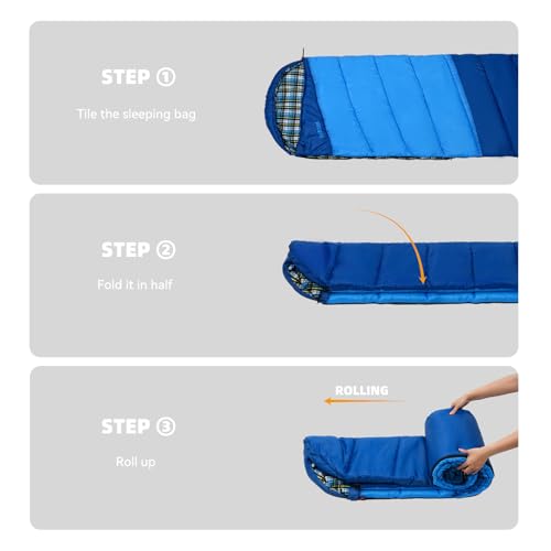 Cotton Flannel Lined Sleeping Bag for Adults Teens Kids, Cold Weather & Warm, 3 Seasons, Lightweight Compact Camping Essentials Equipment, Hiking, Outdoor, Travel - color: Deep Blue & Light Blue