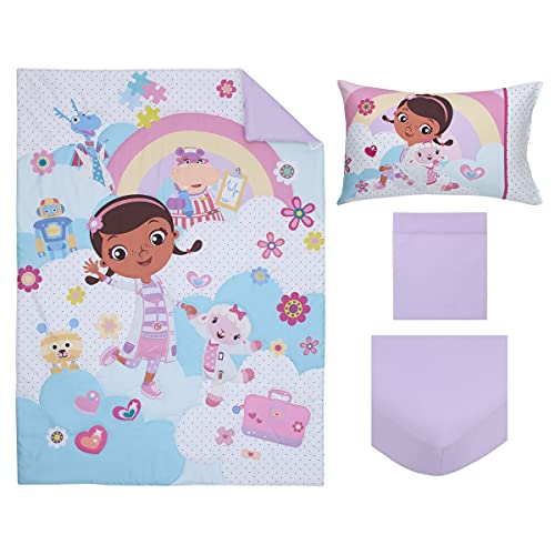 Disney Doc McStuffins - Cuddle Team Purple, White, & Blue 4Piece Toddler Bed Set - Comforter, Fitted Bottom Sheet, Flat Top Sheet, & Reversible Pillowcase, Lavender, Aqua, Pink, Yellow - color: Disney Doc Mcstuffins
