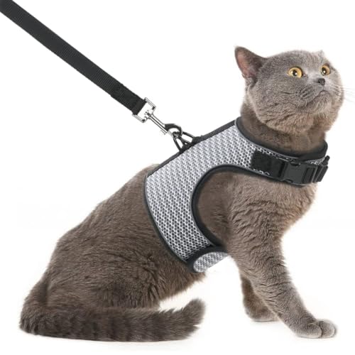 PUPTECK Soft Mesh Cat Vest Harness and Leash Set Puppy Padded Pet Harnesses Escape Proof for Cats Small Dogs Rabbits Bunny - color: Grey(Reflective), size: L(NECK 8.5"-10.5", CHEST 12.5"-15", 6-10 lbs)