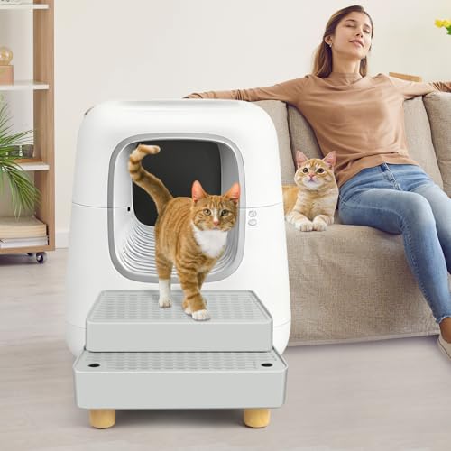 Extra Large 2 Steps Cat Litter Box Step Ramp, Cat Litter Catcher Mat with Wooden Feet, Filter Function, Cat's Pedal Stool for Self-Cleaning Litter, Suitable Kitten & Elderly Cats (Light Grey)