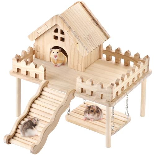 Hamster Wooden House with Platform,Ramp & Swing - Natural Wood Play Set forSyrian Dwarf Hamsters, Gerbils, Mice,Small Animals Cage Accessories