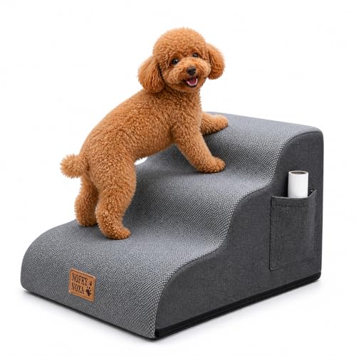 Mini 3-Step Dog Stairs for Small Dogs & Cats, 11.8" H Non-Slip Pet Steps with Side Storage Pocket, Sturdy High Density Foam Dog Ramp for Sofa, Couch & Chair, Washable Cover, Grey - size: Round-11.3"H