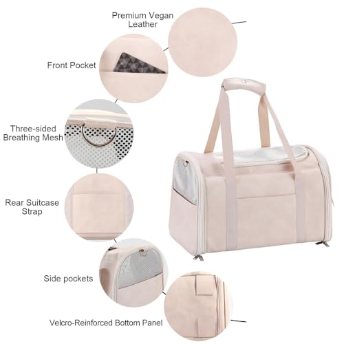 Fashion Dog Carrier Pet Carrier Airline Approved Cat Carrier for Small Dogs Cats Under 15 Lbs, Vegan Leather Collapsible Soft Sided Travel Puppy Carrier - color: Off-White