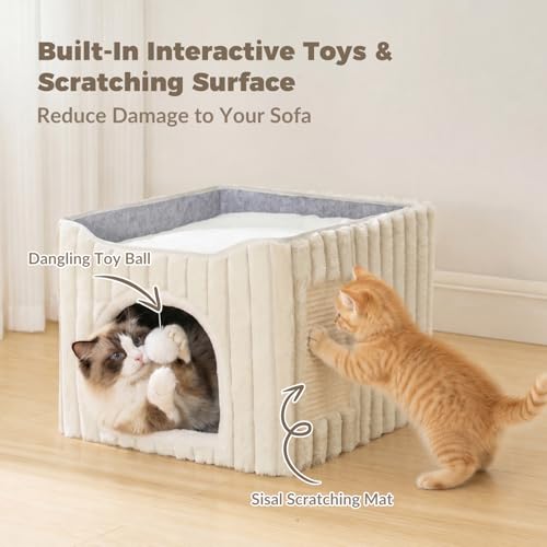 Avont 3-in-1 Cat Cave Bed for Indoor Cats with Scratch Pad | Scratch Pad & Hanging Ball, Large Hideaway for up to 20 LBS, Washable Cushion, Foldable Design, Available in Grey & Cream - color: Cream