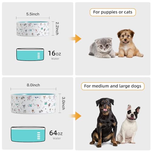 Ceramic Dog Bowls - Large, 64 Fl Oz Heavy Duty, Adorable Dog Patterns (Large, Blue) - color: Blue Patterned, size: Large-8 inch