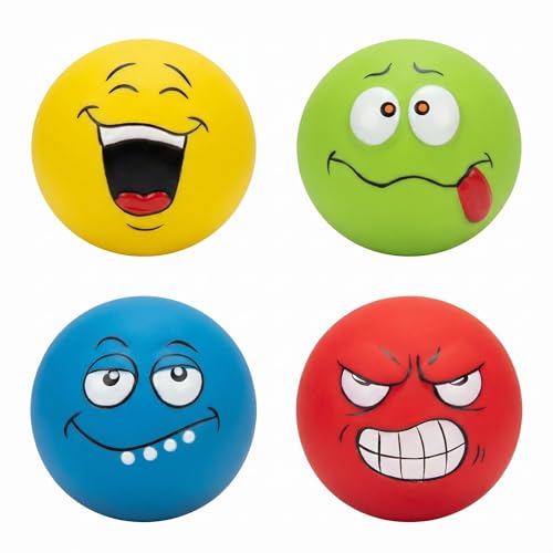 Squeaky Dog Toys, Funny Face Latex Rubber Interactive Dog Balls, Soft Chew Fetch Play Toys for Puppy Small Medium Dogs, 4PCS - color: Red Blue Yellow Green