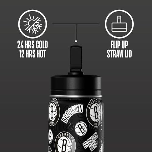 Hydrapeak NBA Officially Licensed Brooklyn Nets Mini 14oz Kids Stainless Steel Water Bottle with Straw Lid & Flexible Handle, Double Wall Insulated, Spill Proof, Perfect for Back to School - color: Brooklyn Nets