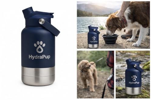 32oz Insulated Water Bottle with Dog Bowls – Human & Pet Shared Use, Stainless Steel Leakproof Travel Bottle (Navy Blue) - color: Navy Blue