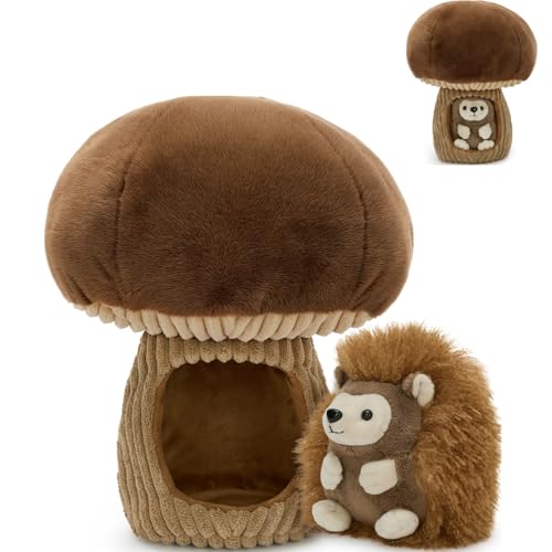 MaoGoLan 2pcs Hedgehog Stuffed Animal - 12" Mushroom Plush House with Stuffed Hedgehog, Soft Cute Hedgehog Plushie Toy for Kids Girls Boys Gift - color: Brown Hedgehog
