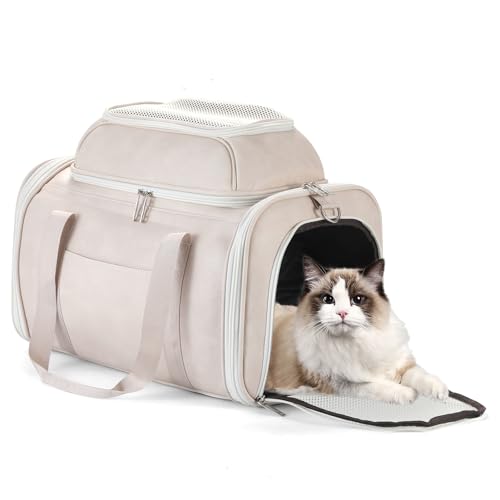 Premium Leather Top Expandable Pet Carrier for Small Dogs & Cats Under 15 lbs, Airline Approved Collapsible Soft-Sided Luxury Travel Bag Beige - color: Beige
