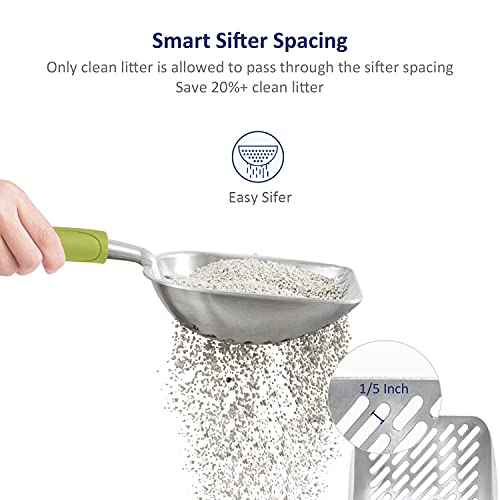 Cat Litter Scoop, Aluminum Alloy Sifter, Kitty Metal Scooper, Deep Shovel with Diagonal Sifting Hole, Long Handle, Kitten Poop Lifter for Litter Box, Large Size, Green Handle - color: #03 Green, size: Large
