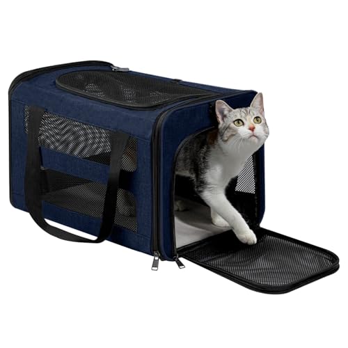 Cat Carrier Soft-Sided Travel Bag for Medium to Large Cat Over 15lbs | Small Puppy Dog Carry Crate 12 Pounds, Top Entry, Breathable Mesh, Pet Kitten Rabbit Cage Bag Transport Kennel Collapsible - color: Navy