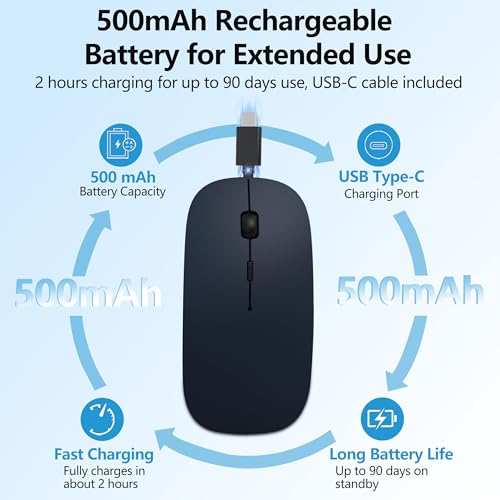 Slim Bluetooth Wireless Mouse with Jiggler - Blue | Rechargeable Portable Mouse, BT5.2 & 2.4G, USB-C/USB-A Receiver, Adjustable DPI for MacBook, iPad, Laptop & PC - color: Deep Blue
