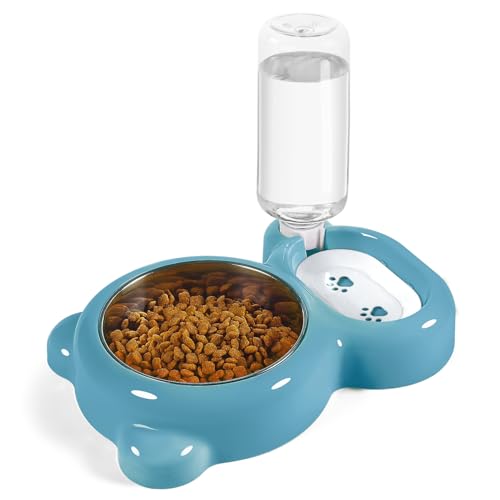 Dog Bowls, Cat Food and Water Bowl Set with Water Dispenser and Stainless Steel Bowl for Cats and Small Dogs - Blue - color: Blue