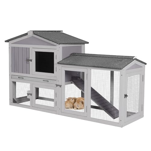 55'' Rabbit Hutch Indoor and Outdoor, Bunny Cage with Waterproof Roof and Deeper Leakproof Tray, Wooden Rabbit House with Anti-Chewing Ramp, Chicken Coops, Duck House (Grey) - color: Grey, size: 55.0"L x 21.3"W x 33.4"H