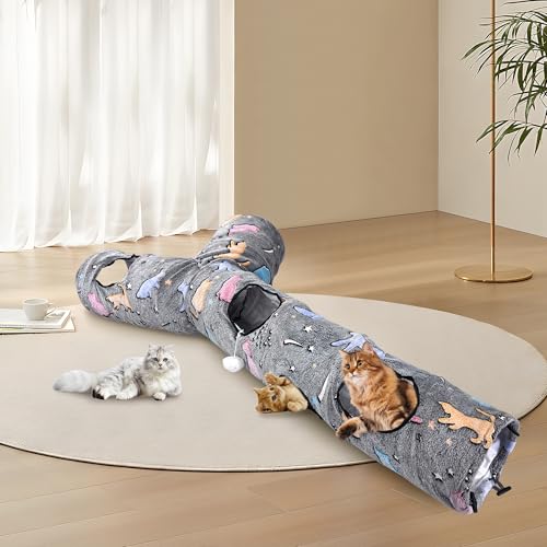 Cat Tunnels for Indoor Cats, Self-Luminous Cat Tunnel with Plush Ball, 3 Way Kitten Tunnel Collapsible, Cat Play Tunnel with Interactive Peephole for Large Cat, Puppy, Kitten - color: 59"-Self-Luminous